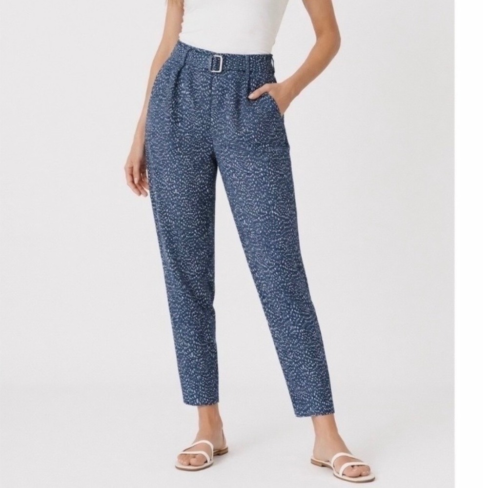 NEW Akris Punto Fred Trousers Blue White Animal Print Belted High Rise Size 8 US